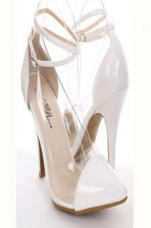 Home / White Faux Patent Leather Clear Side Pointed Toe Pump Heels