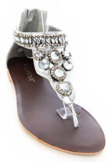 Silver Faux Gemstones Thong Ankle Strap Flat Sandals