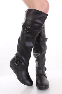 Black Crinkle Faux Leather Buckle Strap Knee High Boots @ Amiclubwear 