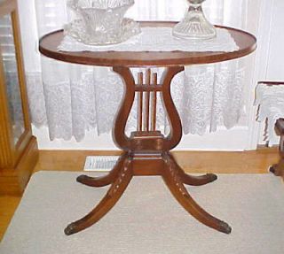 VINTAGE~ANTIQUE~MAHOGANY OVAL/ROUND HARP LYRE TABLE~BRASS CLAW FEET 