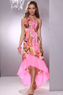 Fuchsia Multi Printed Cutout Front Sheer High Low Dress @ Amiclubwear 
