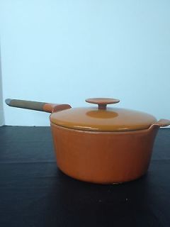 Vintage Denmark CAST IRON Enamel Burnt Orange Cooking Pot Wood Handle