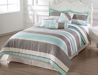 7pc Comforter Set BACHELOR Light Blue, Gray, Beige   FULL size Bed In 