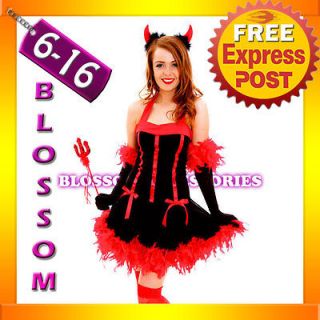   Red Ladies Vixen Fancy Dress Halloween Costume Outfit Horns Pitch Fork