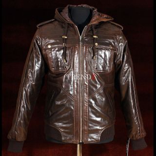 Urban Brown Mens Hooded Hoody Winter Bomber Real Soft Sheep Leather 