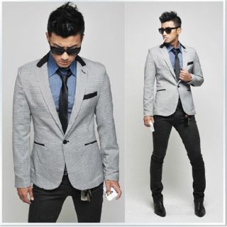 Men’s Business Suit Casual Slim fit Plaid Blazer Coat Jacket Free 