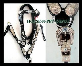   LEATHER HAIR ON WESTERN HEADSTALL Breastplate SHOW TACK BLING SET
