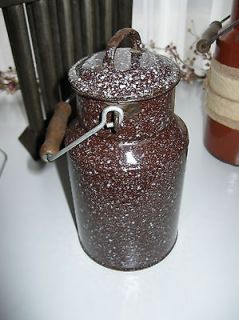 Antique Brown Graniteware Milk Cream Pail Can with Wooden Bail Handle.