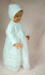   White Linen Christening Gown Traditional Dress Cardigan &Hat 12 18M