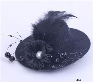 Black Mini Top Hat Hair Clip Feather Flower Fit Cocktail Party Hair 