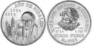 Mexico 5 Pesos, 1953, Bicentennial of Hidalgos Birth