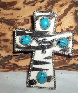 Real Cowhide on Cross Pendant with Longhorn Faux Turquoise Pendant