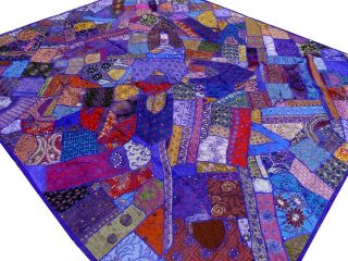   PURPLE HANDMADE PATCHWORK KING BEDSPREAD BEDCOVER TAPESTRY QUILT INDIA