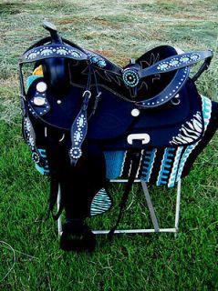   HORSE CORDURA TRAIL BARREL PLEASURE SADDLE BLUE ZEBRA ALL TACK COMBO