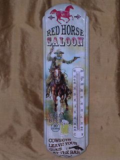 VINTAGE ANTIQUE STYLE RED HORSE SALOON BAR BEER THERMOMETER TIN SIGN 