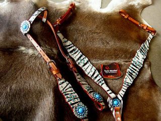 HORSE BRIDLE BREAST COLLAR WESTERN LEATHER HEADSTALL TURQUOISE ZEBRA 
