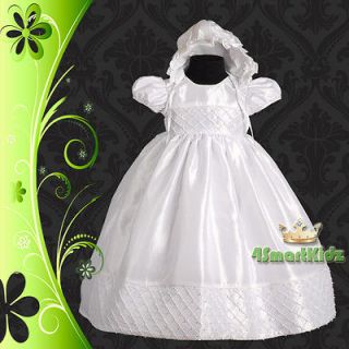 White Baby Girl Pearl Beading Christening Dress Gown+Bonnet Wedding 