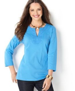 Charter Club NEW Blue 3/4 Sleeve Embroidered Knit Tunic Top Shirt XL 