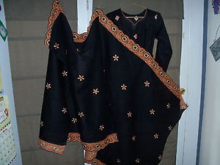 India Pakistan Kameez Dupatta scarf black Orange trim 5 ft 42 wide 