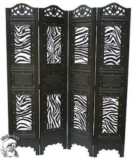 PHAT TOMMY Vintage Style Folding Zebra Print Screen 4 Panel Wood Room 