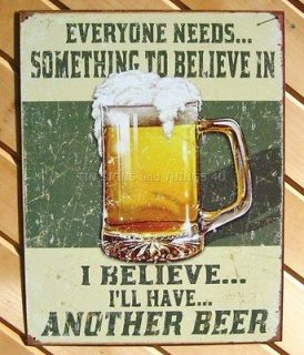 Believe in Beer TIN SIGN alcohol bar cold mug vtg metal wall decor 