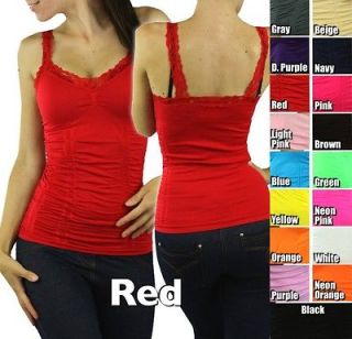 Pick Your Basic V Neck Lace Trim Ruched Elegant Cami Tank Shaping Top 