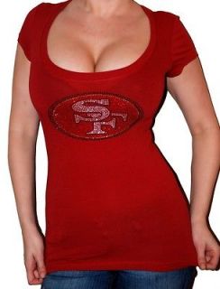 SEXY RED SAN FRANCISCO RHINESTONE 49ERS BLACK STRETCHY FITTED TOP T 