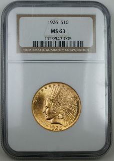 1926 Indian $10 Eagle Gold Coin, NGC MS 63