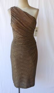 Ralph Lauren Brown Copper Metallic One Shoulder Ruched Cocktail Dress 