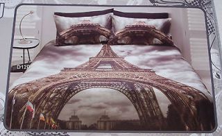 Paris France Eiffel Tower Printed Queen Bed Quilt Cover Set New