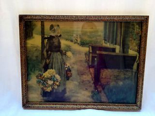 Vintage Print Jean Morris & Bendien N.Y. W/ Wood Frame Girl Carrying 