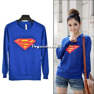 Women Korea Cute Superman Logo Print Round Neck Long Sleeves T shirt 