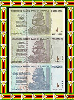 100 $50 $10 Trillion Zimbabwe Dollar Currency Money Bill Set. UNC p 