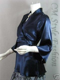 Japanese Kimono Silky Satin Crossover Blouse Top Blue L