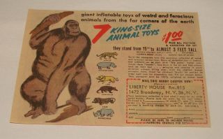 1961 cartoon ad ~INFLATABLE ANIMAL TOYS ~ Gorilla, etc