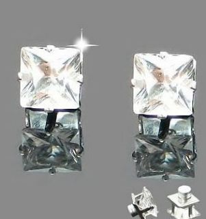  PAIR CZ CLEAR SQUARE MAGNETIC STUDS EARRINGS 8mm cubic zirconia mens