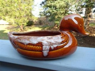   MADE IN USA ~DRIP GLAZE POTTERY DUCK PLANTER ~ BROWN/WHITE #830