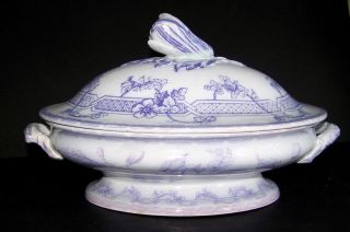 LOVLEY Antique VEG TUREEN SERVER & LID PURPLE TRANSFERWARE on WHITE 