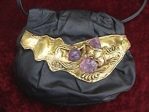   BLACK LEATHER BRASS PURPLE AMETHYST STONE PURSE BAG COPA COLLECTION