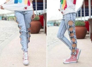 Vintage Detailed Womans Retro Side Bow Cutout Ripped Denim Sexy Jeans 