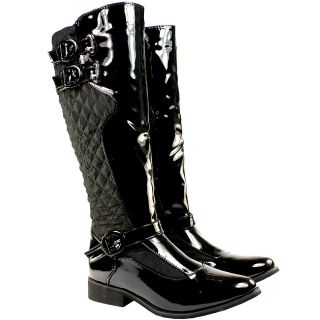WOMENS BLACK QUILTED BLACK PATENT TWIN BUCKLES SIDE ZIP KNEE HIGH 