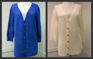 New Womens DKNY Crochet Cardigan Long 3/4 Sleeve Sweater Blue White S 