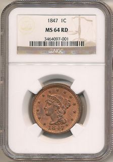 1847 large cent ms64rd ngc super scarce full red time