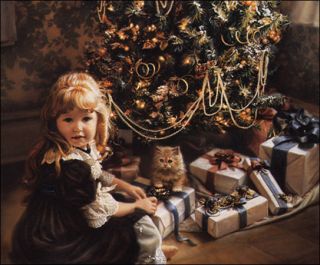 Christmas Day by Sandra Kuck Little Girl Christmas Tree & Presents 