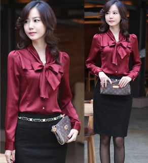 Wing Red High Quality Ruffle Korea Bow tie Long Sleeve Career Blouses 