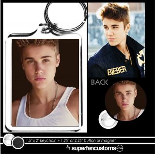 Justin Bieber KEYCHAIN + BUTTON or MAGNET key ring pin badge beiber 