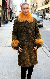 FUR NEW DYED ANTIQUE GOLD PERSIAN 3/4 COAT W/ DYED FOX TRIM / SIZE 6 