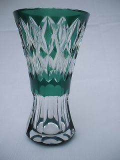 vintage val st. lambert crystal emerald green clear diamond cut vase 