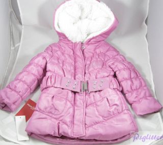 GUESS KIDS Laney Pink Winter Parka with Faux Fur Lined Hood & Bling 