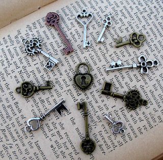 Skeleton Key Lock Silver 12 Charm Pendant Steampunk Jewelry Gift Lot 
